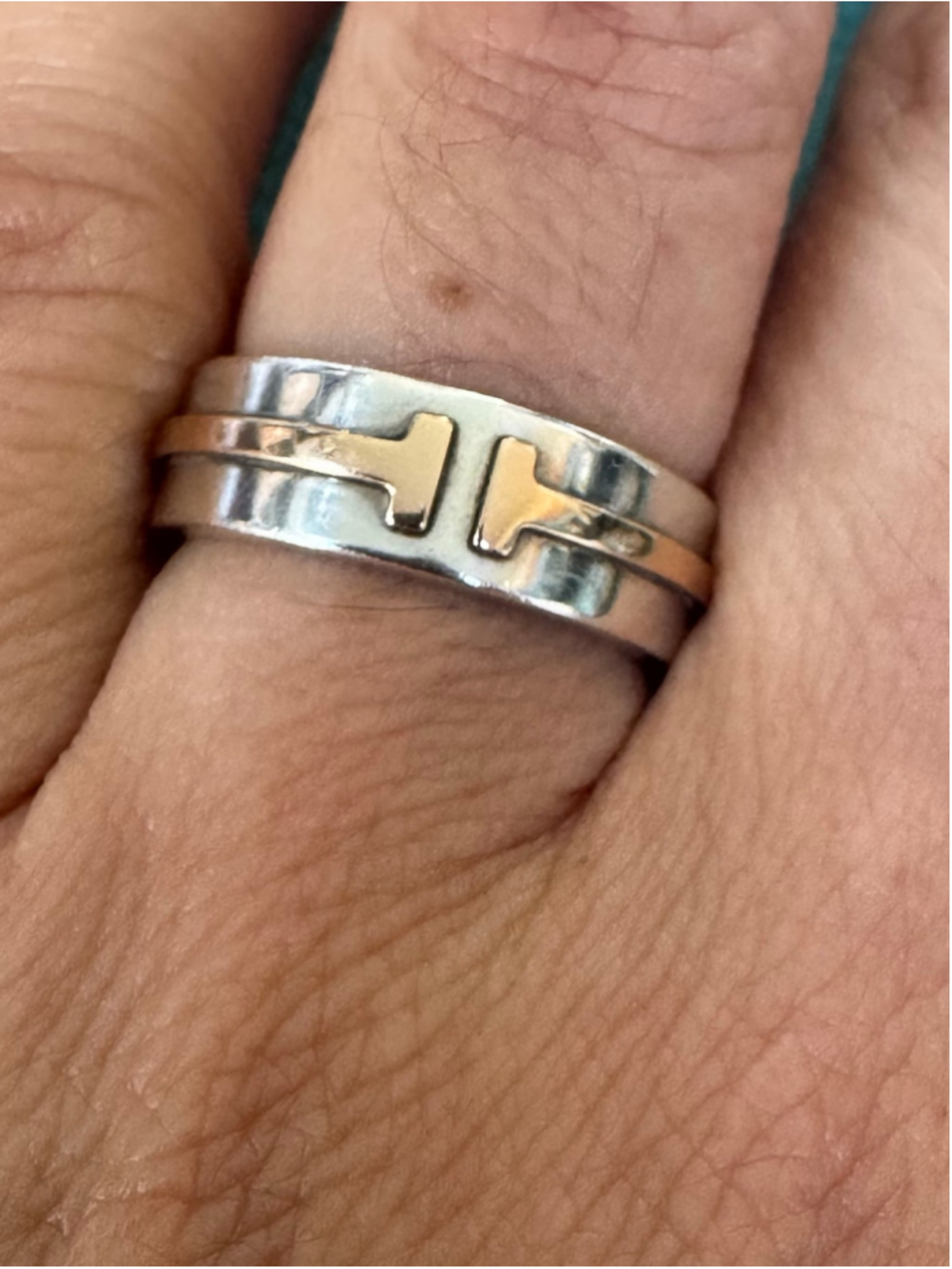 Tiffany & Co. 18K Gold & Sterling Silver T Wide Band Ring size 4.5